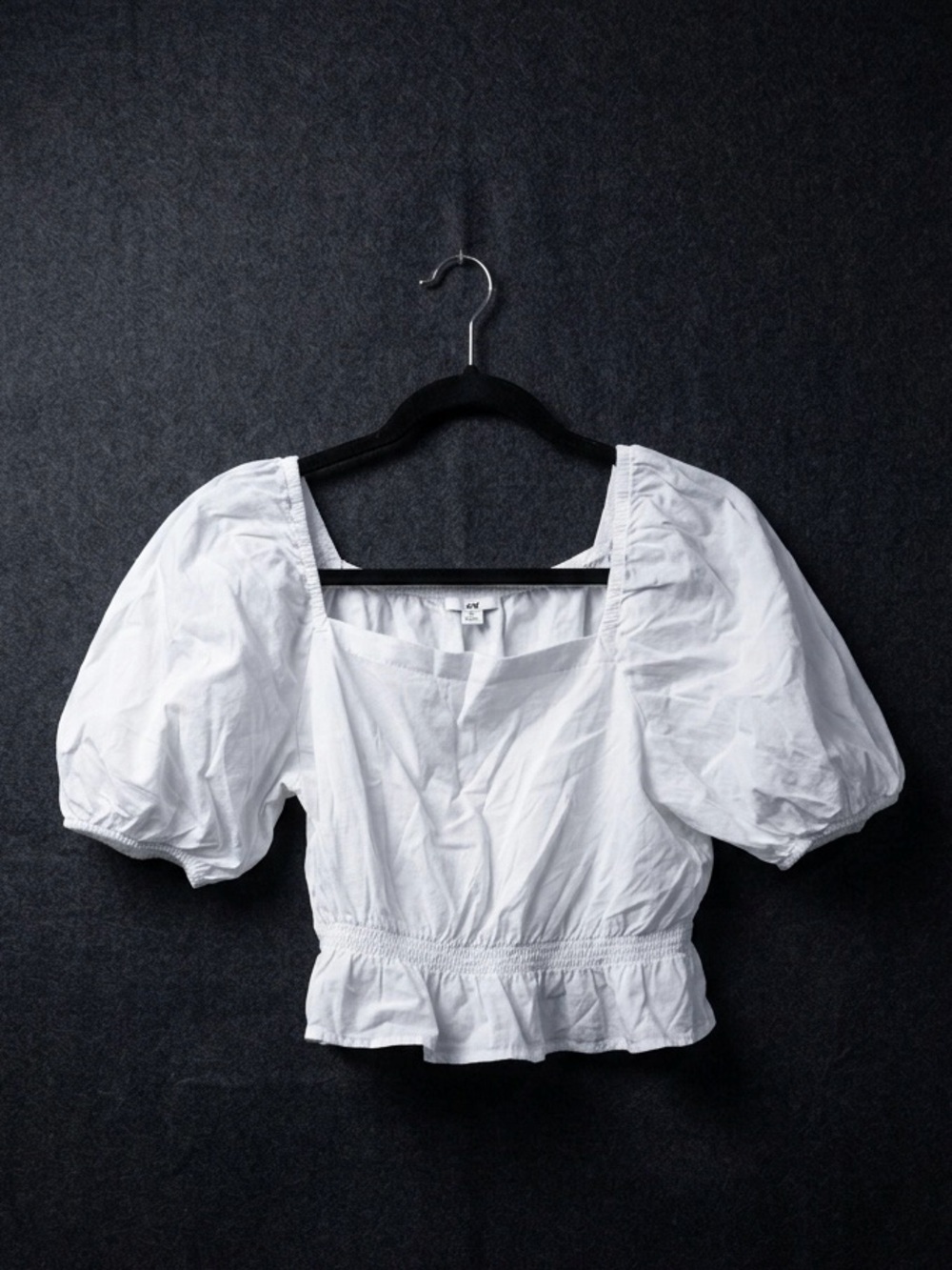 Uniqlo White Square Neck Puff Sleeve Crop Blouse Smocked Waist Peplum Top Sz S